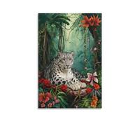 WXLWHR Snow Leopard Canvas Wall Art Jungle Flowers Canvas Painting Artwork for Living Room And Bedroom Wall Decor Gift 20x30inch(50x75cm)