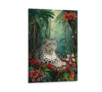 WXLWHR Snow Leopard Canvas Wall Art Jungle Flowers Canvas Painting Modern Artwork for Living Room Office Home Decor Gift 20x30inch(50x75cm)