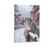 WXLWHR Snow Leopard Canvas Wall Art Snowy Red Leaves Canvas Painting Modern Artwork for Living Room Bedroom Home Office Decoration Gift 16x24inch(40x60cm)