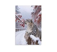 WXLWHR Snow Leopard Canvas Wall Art Snowy Red Leaves Canvas Painting Modern Artwork for Living Room Bedroom Home Office Decoration Gift 20x30inch(50x75cm)
