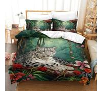 WXLWHR Snow Leopard Duvet Cover Set 3D Jungle Flowers Pattern Bedding Set Soft Microfiber Quilt Cover with Zipper & Pillow Cases for Kids Adults Single（140x200cm）