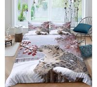 WXLWHR Snow Leopard Duvet Cover Set 3D Snowy Red Leaves Pattern Bedding Set Soft Microfiber Quilt Cover with Zipper & Pillow Cases for Kids Girls Adults Double（200x200cm）