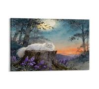 WXLWHR Turkish Angora Cat Canvas Wall Art Woods Tree Stump Printed on Canvas Artwork for Living Room Office Decor Gift 16x24inch(40x60cm)