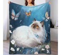 WXLWHR Turkish Angora Cat Fleece Throw Blanket for Couch Sofa Bed All Season Grass Butterfly Pattern Blanket Soft Warm Cozy Flannel Creative Gift for Her Or Him 40x50inch(100x130cm)