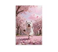 WXLWHR West Highland White Terrier Canvas Wall Art Cherry Blossom Canvas Print Modern Decor for Bedroom, Living Room, Or Kitchen 12x18inch(30x45cm)