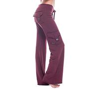 WXMSJN Autumn Stretch Waist Button Pocket Drawstring Yoga Pants Wide Leg Pants Wine Red