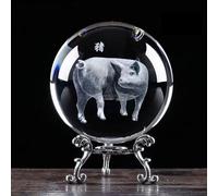 WXMYOZR 3D Crystal Ball Animals Chinese Zodiac Figurines with Metal Stand Feng Shui Glass Sphere Home Decor,Pig,Little