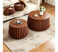 Wxnnx Nesting Coffee Table Set of 2, Round Wooden Coffee Tables with Hidden Storage, Fluted Ribbed Pedestal Side Table for Living Room, Small Space, Walnut Brown