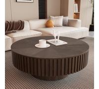 Wxnnx Round Coffee Table with Hidden Storage, Fluted Ribbed Wooden Coffee Table for Living Room, Mid-Century Modern Drum Table, Dark Brown