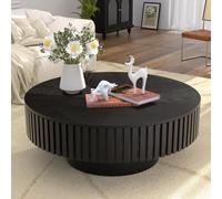 Wxnnx Round Fluted Drum Coffee Table with Hidden Storage, Low Profile Wooden Pedestal Side Table, Modern Minimalist Accent Table for Living Room Bedroom Balcony Small Space Indoor Outdoor Use