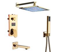 WXPGFEQ Gold Digital Shower Faucets Set LED Rainfall Shower Head Golden 3-Way Digital Temp Display Mixer Tap Tub Spout Shower,16 inch Shower Set (16 Inch Shower Set)