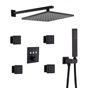 WXPGFEQ Shower System, Thermostatic Brass Black Square 10-12 Inch Rainfall Shower Head with 4 PCS Body Jets Mixer Set, Wall Mounted Shower Set