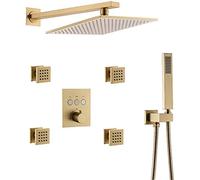 WXPGFEQ Shower System, with Body Jets Thermostatic Value Body Brass Brushed Gold Finish Square 10-12 Inch Rainfall Shower Head, Wall Mounted Shower Set