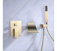 WXPGFEQ Wall Mounted Bathtub Faucet with Hand Shower, Modern Wall Installation Ceramic Valve Bath Filler Shower Mixer Taps, Single Handle Waterfall Spout Shower Set with PVC Shower Hose,Brushed Gold