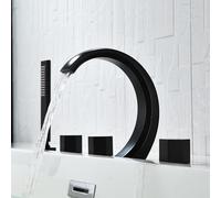 WXPGFEQ Wall-Mounted Shower Faucet Set,Shower Head Set, 5 Hole Bath Shower Mixer Tap Black Waterfall Tap Set Double Lever Mixer Tap Rotating Tap Bathroom Mixer Tap with Shower
