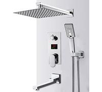WXPGFEQ Wall-Mounted Shower Faucet Set System,Chrome Bathroom Digital Display Shower Faucet Set Rainfall Shower LCD 2Way Mixer Tap Bathtub Shower System 12 Inch Head Swivel 10 Inch Arm Modern Design