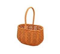 Wxqbjtam Synthetic Vine Basket Flower Holder Rigid Frame Handled Decorative Container PE Imitation Rattan Weave Suitable for Tabletop Arrangement Shelf Display, Oval Bulging Belly