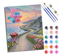 WXRWANG Paint by Number for Adults Beginner Canvas Coastal Flower Road and Bicycles Choice for Birthday Anniversary or Any Festival DIY Acrylic Painting Kit for Room Decor 16x20 inch Frameless