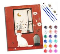 WXRWANG Paint by Number for Adults Beginner Canvas Red Walls, White cat, Butterfly Window Choice for Birthday Anniversary or Any Festival Acrylic Painting Kit for Room Decor 16x20 inch with Frame