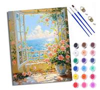 WXRWANG Paint by Number for Adults Beginner Canvas Sea View from the Rose Window Choice for Anniversary or Any Festival Acrylic Painting Kit for Room Decor 16x20 inch Frameless