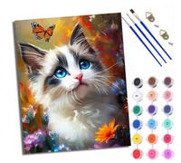 WXRWANG Paint by Numbers for Adults and Beginner Painting by Number Blue-Eyed cat and Butterfly in the Flowers Without Frame Oil Paintings on Canvas House Wall Decor 16x20in