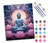WXRWANG Paint by Numbers for Adults and Beginner Painting by Number Buddha Statue Under the Moon amidst Lotus Flowers with Frame Oil Paintings on Canvas House Wall Decor 16x20in