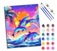 WXRWANG Paint by Numbers for Adults and Beginner Painting by Number Dolphins Chasing the Waves and Coconut Palms with Frame Oil Paintings on Canvas House Wall Decor 16x20in