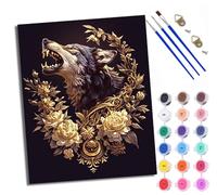 WXRWANG Paint by Numbers for Adults and Beginner Painting by Number Golden Flowers Surround the Wolf's Head with Frame Oil Paintings on Canvas House Wall Decor 16x20in