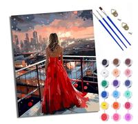 WXRWANG Paint by Numbers for Adults and Beginner Painting by Number Red Skirt Back Looking at The City Without Frame Oil Paintings on Canvas House Wall Decor 16x20in