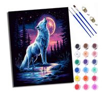 WXRWANG Paint by Numbers for Adults and Beginner Painting by Number Wolf Howls by the Stream Under the Moonlight with Frame Oil Paintings on Canvas House Wall Decor 16x20in