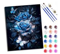 WXRWANG Paint by Numbers for Adults Blue Roses and Butterflies Painting by Numbers for Adults DIY Canvas Kits Paint by Number Crafts Kits for Relax and De-Stress Gift Home Decoration 16x20 inch