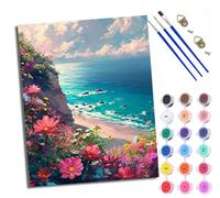 WXRWANG Paint by Numbers for Adults Flowery Cliffs by The sea Painting by Numbers for Adults DIY Canvas Kits Paint by Number Crafts Kits for Relax and De-Stress Gift Home Decoration 16x20 inch