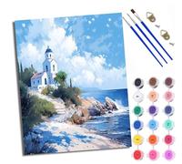 WXRWANG Paint by Numbers for Adults White Church by The sea Painting by Numbers for Adults DIY Canvas Kits Paint by Number Crafts Kits for Relax and De-Stress Gift Home Decoration 16x20 inch