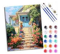 WXRWANG Paint by Numbers Kits for Adults Beginners On Clear Symbols Colored Canvas A Small House with a Blue Door and Flowers Acrylic Pigment 40x50cmfor Home Wall Decor with Frame