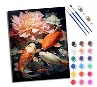 WXRWANG Paint by Numbers Kits for Adults Painting Kits for Beginners On Clear Symbols Colored Canvas Three koi Fish Next to the Peony Easy Acrylic Pigment for Home Wall Decor 16x20in with Frame