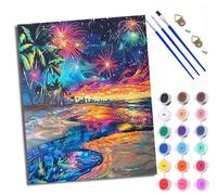 WXRWANG Paint by Numbers Kits for Adults Painting Kits for Beginners On Clear Symbols Colored Canvas Fireworks Beach Night View Easy DIY Acrylic Pigment Drawing Paintwork for Home Wall Decor 16x20in