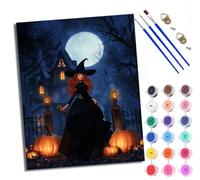WXRWANG Paint by Numbers Kits for Adults Painting Kits for Beginners On Clear Symbols Colored Canvas Halloween Witch Pumpkin Picture Acrylic for Home Wall Decor 16x20in with Frame