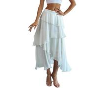 WxuuLTGJR Elegant Long Skirt Ruffle Hem Long Skirts for Women Asymmetrical High Waisted Skirt Layer Solid Color Ruffled Hem Mid Skirt Beige