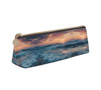 WXWJSHMGC Beach Sunset Ocean Waves Print Leather Pencil Case,Fountain Pen Case,Personalised Portable Big Capacity Study Pencil Case for Secondary School Girls Boys