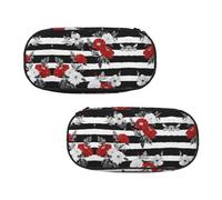 WXWJSHMGC Black White Stripes Red Rose Flowers Print Pencil Bag Large Pouch Bag with 3 Compartments Pen Case Card Coin Holder for Boys Girls School Stationery