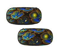 WXWJSHMGC Blue Golden Flower Print Pencil Bag Large Pouch Bag with 3 Compartments Pen Case Card Coin Holder for Boys Girls School Stationery