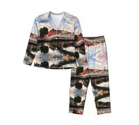 WXWJSHMGC Bridge Sunset River Landscape Print Long Sleeve Long Pants Pajamas For Women Women'S Pajama Sets 2-Piece Cozy Lounge Sets Housecoat Black