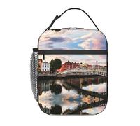 WXWJSHMGC Bridge Sunset River Landscape Print Lunch Bag,Reusable and Waterproof Lunchbox, Insulated Lunchbag with Mesh Bag for School, Travel, Picnic