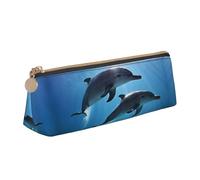 WXWJSHMGC Dolphins in The Sea Print Leather Pencil Case,Fountain Pen Case,Personalised Portable Big Capacity Study Pencil Case for Secondary School Girls Boys
