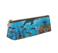 WXWJSHMGC Dolphins Sea Turtle Octopus Coral Reef Print Leather Pencil Case,Fountain Pen Case,Personalised Portable Big Capacity Study Pencil Case for Secondary School Girls Boys