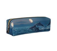 WXWJSHMGC Dolphins Swim in The Ocean Print Leather Pencil Case Simple,with Metallic Zipper Pocket,Storage Pouch for Girls Boys Student College Middle School