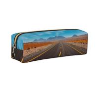 WXWJSHMGC Freeway Highway Road in The Desert Print Leather Pencil Case Simple,with Metallic Zipper Pocket,Storage Pouch for Girls Boys Student College Middle School