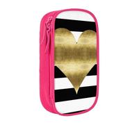 WXWJSHMGC Gold Heart Stripe Print Large Capacity Double Layer Pencil Case with Zipper â€“ Durable Fabric School Pouch for Pens,â€“ Ideal for Students