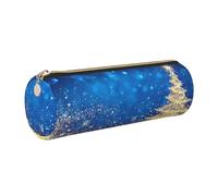 WXWJSHMGC Golden Glitter Christmas Tree Print Leather Pencil Case Zipper Pen Makeup Cosmetic Holder Pouch Stationery Bag for School, Work, Office