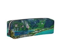 WXWJSHMGC Green Tropical Island Print Leather Pencil Case Simple,with Metallic Zipper Pocket,Storage Pouch for Girls Boys Student College Middle School